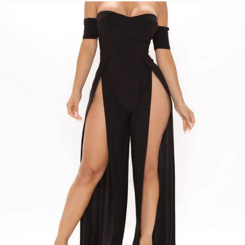Off shoulder high slit dress jumpsuit - Picture 4 of 5
